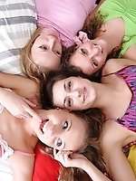 Four teen cuties indulge themselves in kinky lesbian games using their tongues and dildos.