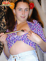 Innocent pigtailed teen stripping her black panties and sucking and fucking a thick dildo