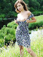 Modern girl in pure nature with a slight touch of retro outlook. She knows that the dress is actually unnecessary so she drops it as soon as possible.