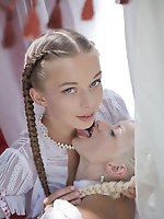 Two alluring damsels with the face of an angel, pretty braided hair, and delightfully petite bodies dressed in frilly, sheer lingerie and stockings. Two alluring damsels with the face of an angel, pretty braided hair, and delightfully petite bodies dressed in frilly, sheer lingerie and stockings.