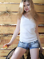 Perfect teen cutie strips nude in the barn to demonstrate her lovely petite body on camera.